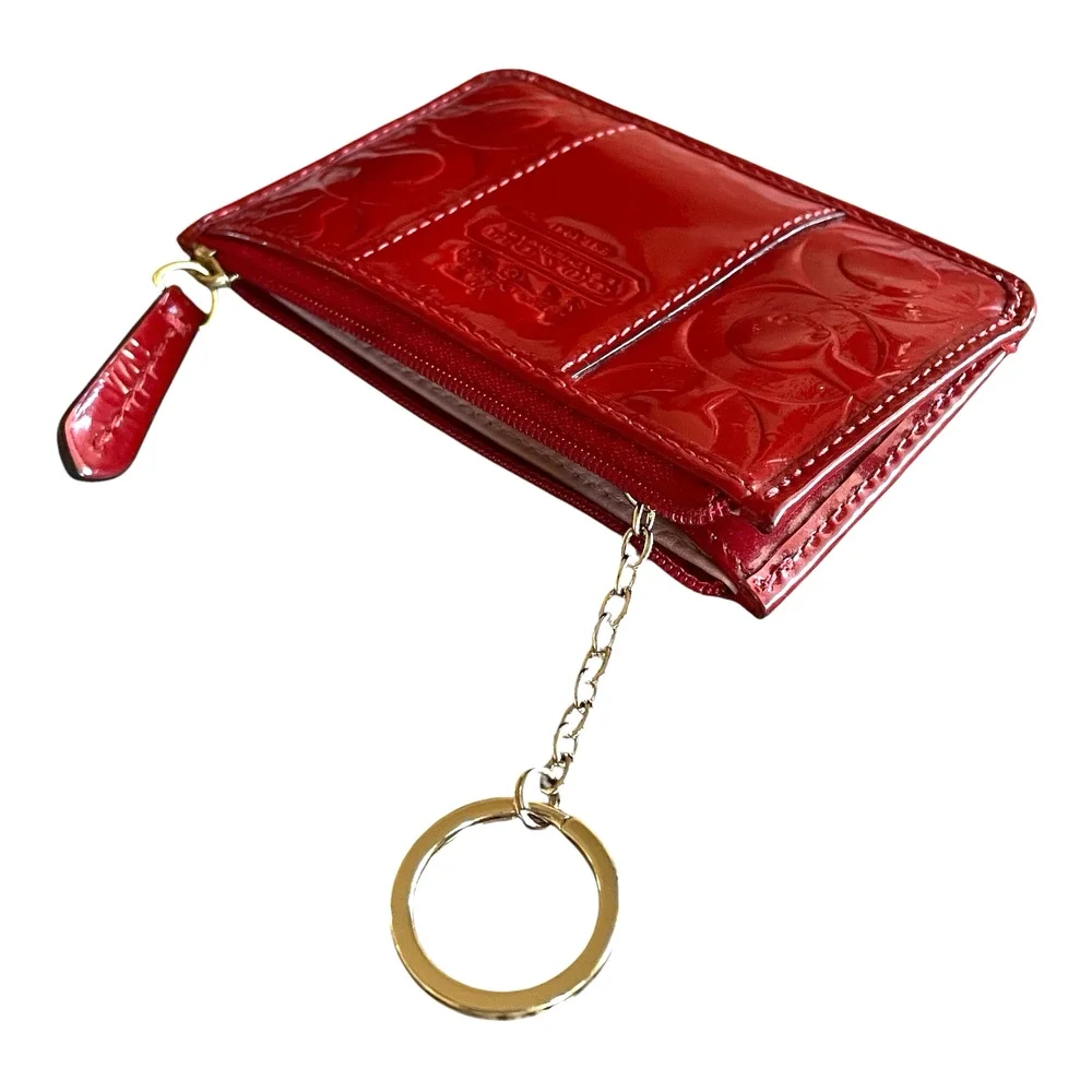 COACH Embossed C Red Patent Leather Gold Key Ring Small Skinny Card Case Top Zip